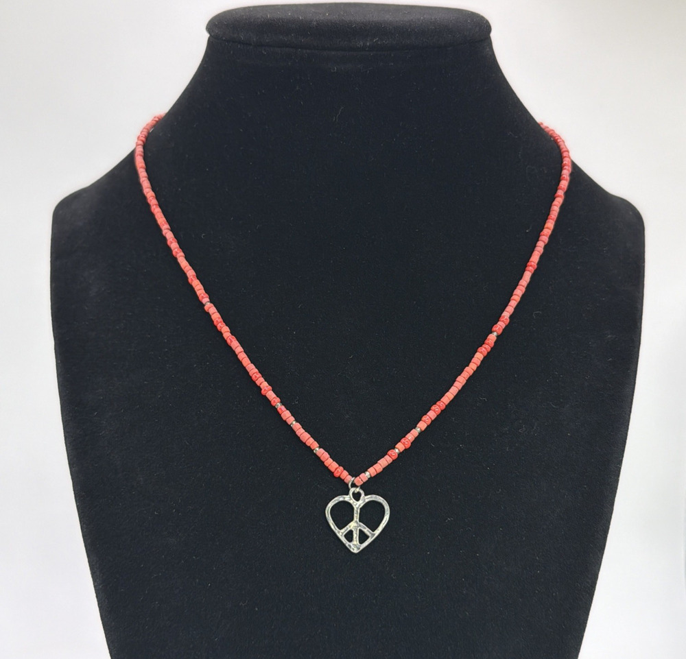 Silpada Red Seed Bead Necklace 925 Sterling Silver Heart Peace Sign Pendant Boho